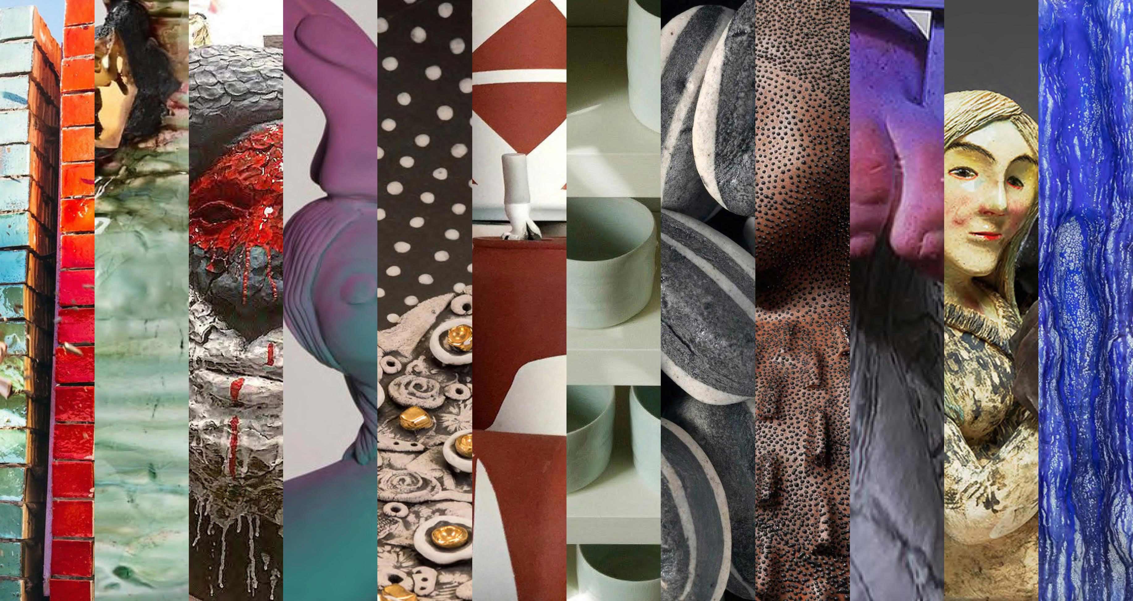 A collage of vertical sections of images of various ceramic artworks. 