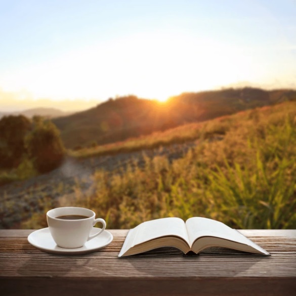 A cup of coffee with a good book overlooking the sunset 